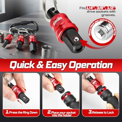 Geinxurn 3Pcs Socket Holder Keychain, 1/4"3/8"1/2" Drive Quick Release & Quick Change Socket Set Organizer for Socket Adapter Square Drive for Lineman, Electricians, Construction Crews Outdoor Work - style: B01K003