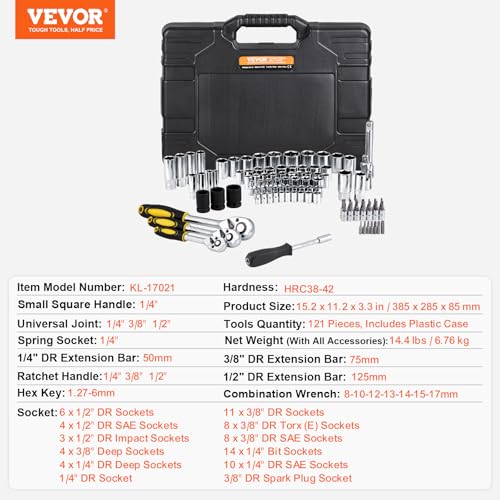 VEVOR 121-Piece Mechanics Tool Set - 1/4" 3/8" 1/2" Drive Sockets - SAE and Metric Mechanic Tool Kit with Bits - Ratchet Handle, Wrenches, Accessories, and Plastic Storage Case for Automotive Repair - size: 1/4"&3/8"&1/2", style: 121 PCS