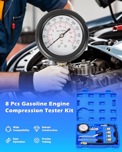 DAYUAN Professional Petrol Engine Compression Tester Kit Set, Blue Case | 8 Pcs, 14mm & 18mm Adapters, Dual Scale Gauge, 0-300 PSI/0-20 Bar, Reinforced Rubber Hose, Universal for Cars Motorcycles - color: Blue