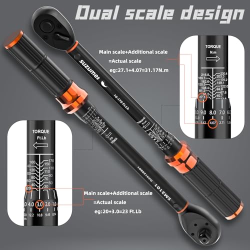 SUZUME 6PCS Torque Wrench Set 1/2 3/8 1/4 Inch Drive Click ±3% Accuracy | 10–170 Ft.lb, 5–45 Ft.lb, 20–220 In.lb, Dual-Direction, 3 Extension Bars Dual-Scale for Car,Moto,Truck,Spark Plug,Bike Repair - size: 10-170Ft.Lb,5-45Ft.Lb,20-220In.Lb, style: 1/2 3