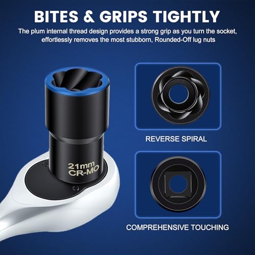 Professional 5-Piece Lug Nut Extractor Set with 1/2-inch Drive, Impact Twist Socket Set,17mm 19mm 21mm 22mm Wheel Lock Removal Tool Kit for Stripped Lug Nut Remover