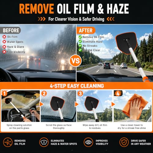 XINDELL Interior Windshield Cleaner Tool, Extendable Car Window Cleaning Kit with 360° Rotating Head, Interior Exterior Glass Cleaner for Cars Trucks SUVs, 10PCS with 3 Pads, Towels, Brushes & Bag | 360° Head, Extendable Handle, 3 Pads, 2 Brushes, 3 Towel