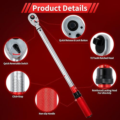 Hairich 3/4-Inch Torque Wrench, Dual-Direction Adjustable 60 tooth 100-400ft.lb/136-542Nm, Professional Torque Wrench, for Maintenance Tool and Product Assembly - size: 3/4“ 100-400FT.LB