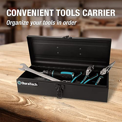 DURATECH Metal Tool Box, 15" Portable Steel Tool Box with Metal Latch Closure & Plastic Handle, Anti-slip Base, Multi-Purpose Heavy Duty, Black