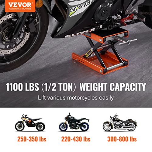 VEVOR Motorcycle Lift, 1100 LBS Motorcycle Scissor Lift Jack with Wide Deck & Safety Pin, 3.7"-13.8" Center Hoist Crank Stand, Steel Scissor Jack for Street Bikes, Cruiser Bikes, Touring Motorcycles | Steel Scissor Jack with Lock Pin, 3.7"-13.8" Center Ho