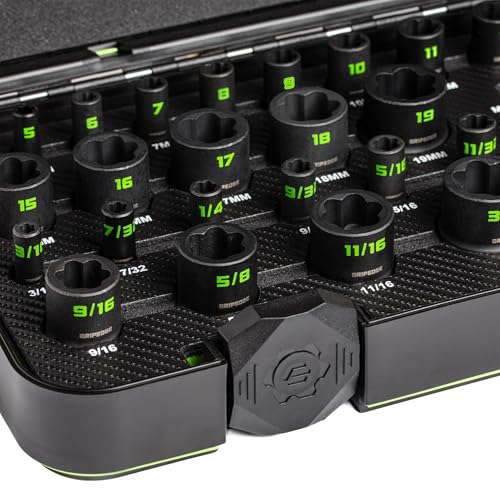 GripEdge | 32-PC 1/4" & 3/8" Drive Metric & SAE Master Socket Extractor Set| Includes sizes - 4-19mm & 3/16-3/4" | Includes Premium Plastic Case With Foam Insert |