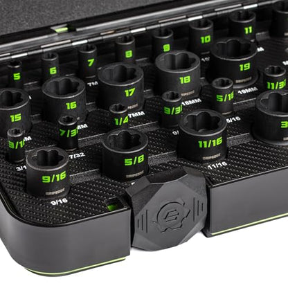 GripEdge | 32-PC 1/4" & 3/8" Drive Metric & SAE Master Socket Extractor Set| Includes sizes - 4-19mm & 3/16-3/4" | Includes Premium Plastic Case With Foam Insert |