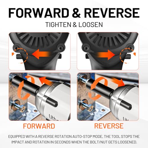 Litheli 20V Brushless Impact Wrench 1/2 inch, Max 332 Ft-lbs (450N.m) High Torque Impact Gun, 2500RPM Variable Speed, 2.5Ah Battery for Car Tires, Heavy Duty Bolts & Home DIY (Charger Not Included) - color: Light Black