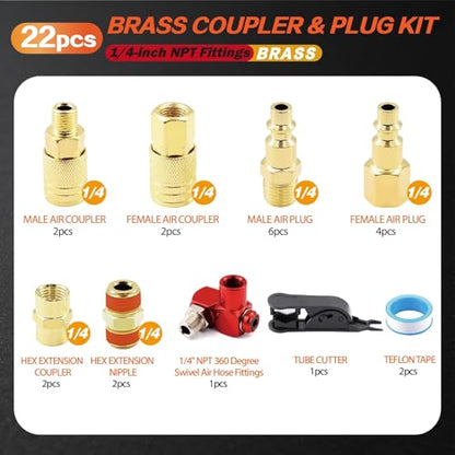 TuoLauthon Air Coupler & Plug Kit, 22 Pcs 1/4" NPT Quick Connect Air Fittings Set, with 360° Swivel Universal Joint, I/M Type Pneumatic Tool Compressor Accessories