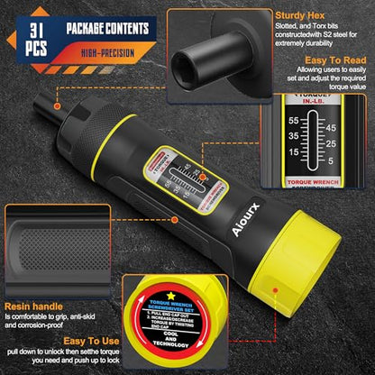 Preset Torque Screwdriver Wrench Set, 5-55 Inch Pounds lbs, 31 Piece 1/4" Drive Torque Screwdriver Wrench with S2 Steel Bits for Bicycle Mechanics, Mechanical Equipment, and Mounting - size: 5-55 in.-lb. Standard