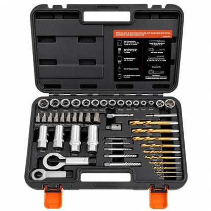 49PCS Bolt Extractor Kit, Screw & Stud Remover Set with Left Hand Drill Bits, Spiral Extractors, Nut Splitter, Impact Sockets for Stripped, Rusted Bolts - size: 49PCS