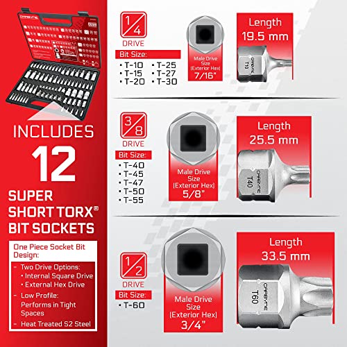 CARBYNE 74-Piece Master Torx Bit Socket Set and E-Torx Socket Set, Stubby Low Profile Super Short T10-T60, Standard T6-T70, Tamper TT6-TT70, Plus TP8-TP60, S2 Steel, Genuine Licensed Torx