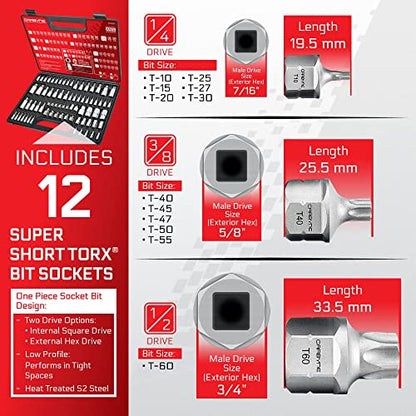 CARBYNE 74-Piece Master Torx Bit Socket Set and E-Torx Socket Set, Stubby Low Profile Super Short T10-T60, Standard T6-T70, Tamper TT6-TT70, Plus TP8-TP60, S2 Steel, Genuine Licensed Torx