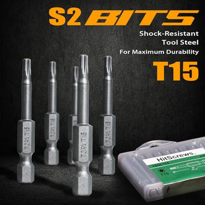 2 Inch T15 Torx Bits, S2 Steel Star Screwdriver Bits, 1/4" Hex Shank, CNC Precision Tips, 10-Pack in Slide-Out Storage Case, Impact Driver/Drill Compatible - size: T15