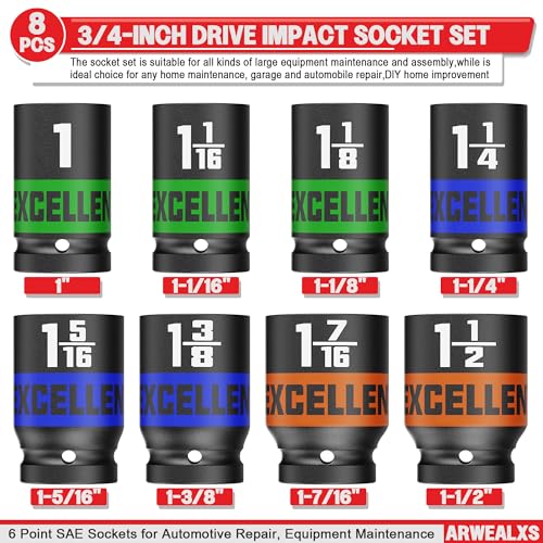 8 Pieces 3/4-Inch Drive Impact Socket Set, 1" to 1-1/2" Jumbo Socket, 6 Point SAE Sockets for Automotive Repair, Equipment Maintenance - size: 3/4 Inch SAE Axle