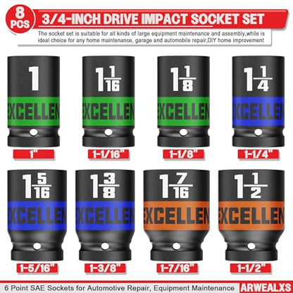 8 Pieces 3/4-Inch Drive Impact Socket Set, 1" to 1-1/2" Jumbo Socket, 6 Point SAE Sockets for Automotive Repair, Equipment Maintenance - size: 3/4 Inch SAE Axle