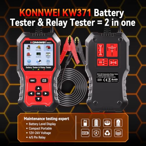 KONNWEI KW371 Battery Tester & Relay Tester | Tests 6V/12V/24V car batteries (AGM/GEL/EFB/Lithium) & 4/5-pin automotive relays. Checks CCA, charging & starting system. - size: 8.27*6*2.36 inch