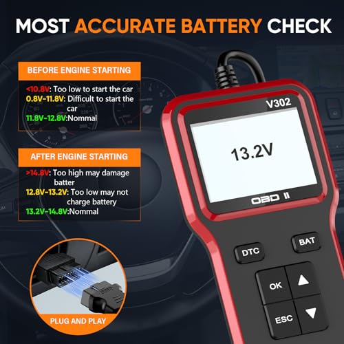 OBD2 Scanner with Battery Tester - Vehicle Code Reader for Check Engine Light, Plug and Play, Car Scanner Diagnostic Tool for All OBDII Vehicles After 1996