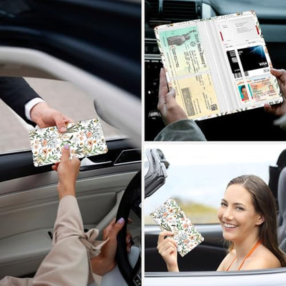 Car Registration and Insurance Holder，Colour Patterns Men Women Car License Document Registration and Insurance Card Holder - color: White flora