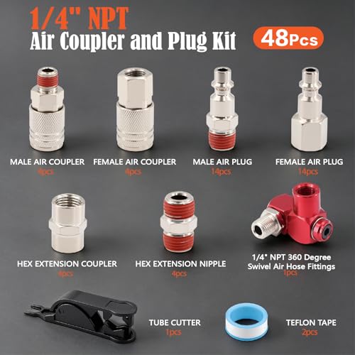 Air Coupler and Plug Kit 1/4" NPT 48-Piece,with Pre-applied Sealant,Industrial Quick Connect Fittings Set for Air Compressor Accessories - color: 48Pcs-Nickel