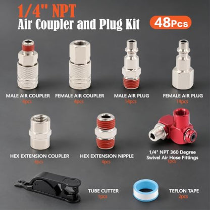 Air Coupler and Plug Kit 1/4" NPT 48-Piece,with Pre-applied Sealant,Industrial Quick Connect Fittings Set for Air Compressor Accessories - color: 48Pcs-Nickel