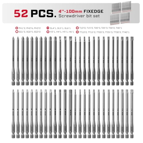Geinxurn 52Pieces Fixedge Screwdriver Bit Set, 4Inches Magnetic Alloy Steel Phillips/Slotted/Square/Torx/Hex/Security Torx Insert Power Bits Tips with Storage Organizer for Home Repair - style: FXMX100-052