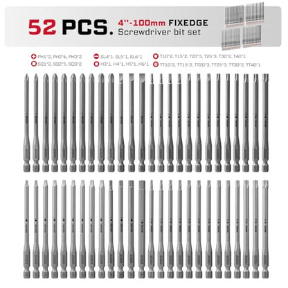 Geinxurn 52Pieces Fixedge Screwdriver Bit Set, 4Inches Magnetic Alloy Steel Phillips/Slotted/Square/Torx/Hex/Security Torx Insert Power Bits Tips with Storage Organizer for Home Repair - style: FXMX100-052