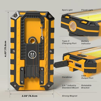 Molrebe 2Pack LED Work Light, 1500Lumens Rechargeable Magnetic Flashlight Rotatable Mechanic Light with Hanging Hook Job Site Lighting, Portable Worklight for Repairing Working Camping Hiking