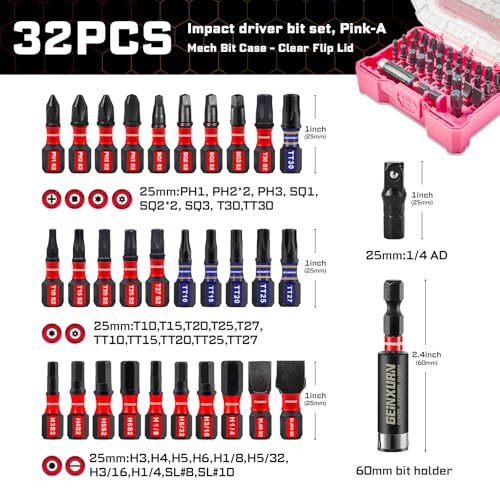 Geinxurn 32Pieces Impact Screwdriver Bits Set, S2 Steel Magnetic Phillips/Slotted/Square/Torx/Hex Muliti Insert Bits Tips Set with Impact Bit Holder and 1/4”Socket Adapter(Pink Storage Box Case) - style: FQ032025-APK