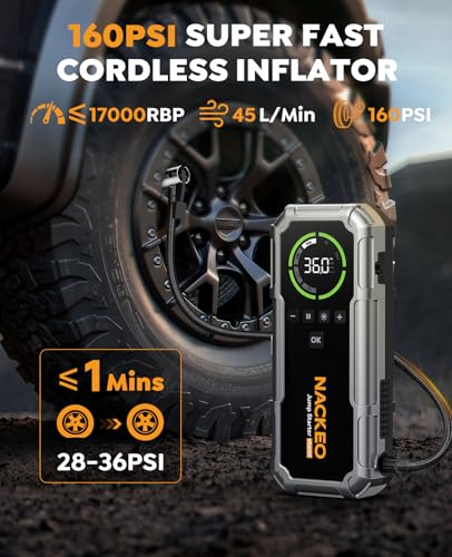 Car Battery Jump Starter with Air Compressor 8000A 160PSI, Car Jumper Starter Portable (All Gas/10L Diesel), Jump Starter Jump Box with Jumper Cables, LED Light, Large LCD Display, Power Bank