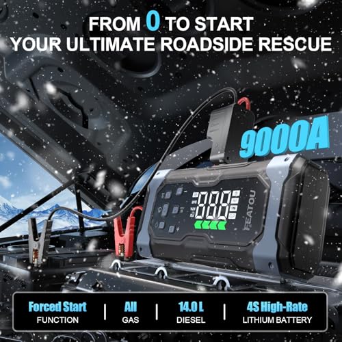 High-Power 9000A Jump Starter with Air Compressor, 12V Car Battery Jump Starter, Portable Jump Box for Car(All Gas/14L Diesel) with Tire Inflator, PD 30W Fast Charge, Forced Boost Battery Jumper