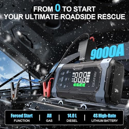 High-Power 9000A Jump Starter with Air Compressor, 12V Car Battery Jump Starter, Portable Jump Box for Car(All Gas/14L Diesel) with Tire Inflator, PD 30W Fast Charge, Forced Boost Battery Jumper