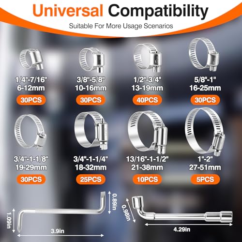 KELIN 202PCS 304 Stainless Steel Hose Clamp Kit, 8 Sizes from 1/4" to 2" (6-51mm) Adjustable Worm Gear Clamps with Socket Wrench & Screwdriver, Automotive Fuel Line Water Pipe Clamps Assortment Set - size: 202PCS