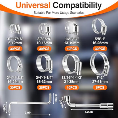 KELIN 202PCS 304 Stainless Steel Hose Clamp Kit, 8 Sizes from 1/4" to 2" (6-51mm) Adjustable Worm Gear Clamps with Socket Wrench & Screwdriver, Automotive Fuel Line Water Pipe Clamps Assortment Set - size: 202PCS