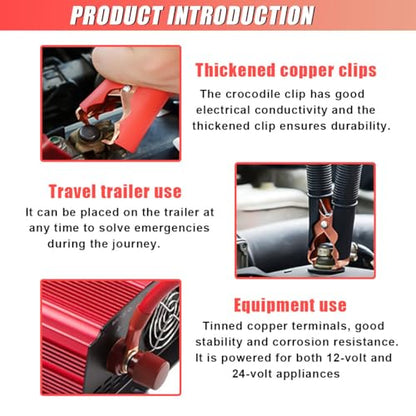 ZIMISI 2PCS Alligator Clips Booster Jumper Cable, 13 AWG 3.3FT Car Battery Jumper Cables with 6 mm Copper Terminal, 12V/24V Car Battery Charger Clips for Audio, Converter, Air Compressor