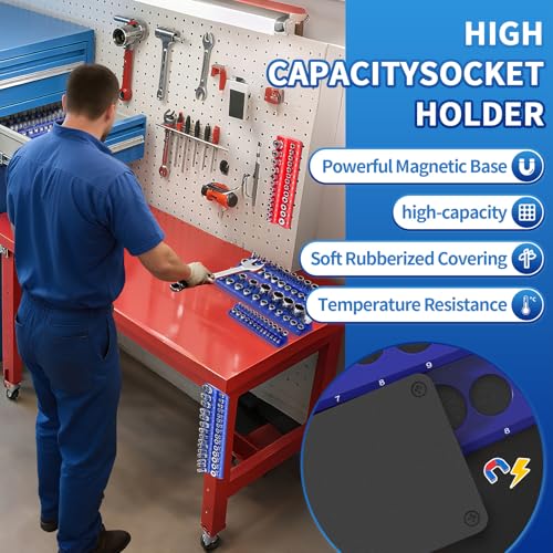 Magnetic Socket Organizer Set, 8PCS Socket Holder with 6 Socket Trays & 2 Wrench Racks, Metric & SAE Tool Box Organizer 1/4", 3/8", 1/2" for Garage, Toolbox, Workbench(Socket, Wrench not Included)