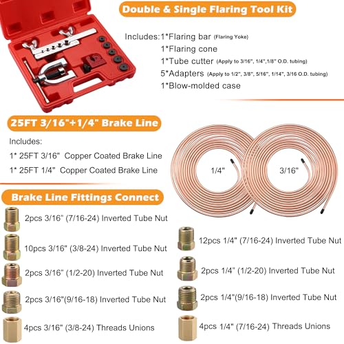 25FT 3/16" & 1/4" Copper Coated Brake Line Flaring Tool Kit Fit Fuel System | with 32 Fittings and 8 Unions Brake Line Fittings, Black Line Double & Single Flaring Tool Kit