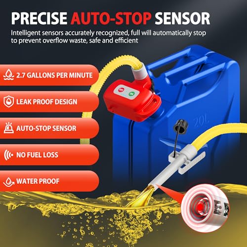 Rechargeable Fuel Transfer Pump with Auto-Stop, 3.4 GPM Leak Protection | Automatic Gas Can Pump with 71" Extra Long Hose, Portable Gas Transfer Pump for Oil, Diesel, Gasoline (Lithium Battery Power)