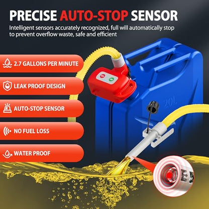 Rechargeable Fuel Transfer Pump with Auto-Stop, 3.4 GPM Leak Protection | Automatic Gas Can Pump with 71" Extra Long Hose, Portable Gas Transfer Pump for Oil, Diesel, Gasoline (Lithium Battery Power)