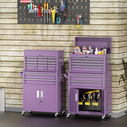 INTERGREAT 8 Drawers Tool Chest, 42'' Large Rolling Tool Chest with Drawers, Detachable Top Tool Box, Tool Cabinet for Repair Room,Warehouse, Rolling Tool Box with Hooks,Tray Divider,Liners(Purple) - color: Purple, size: 8 Drawers