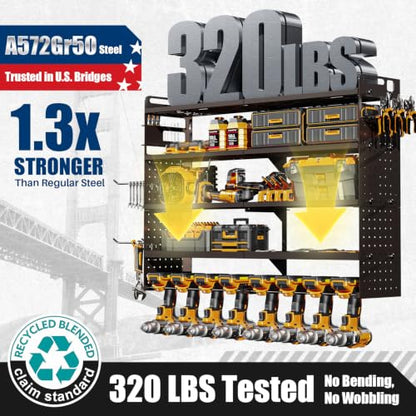 Large 5-Tier Power Tool Organizer Wall Mount, 320lbs Load Capacity Garage Storage Rack with 8 Drill Holders, 34" Heavy Duty Metal Utility Shelf, Holds Over 30 Tools for Garage Workshop