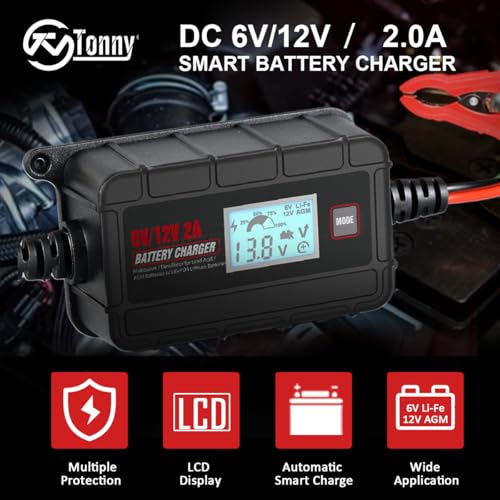 TN TONNY 6V 12V Battery Charger 2A Car Battery Maintainer, 6/12V Lead Acid & 14.6V LiFePO4/12.6V Li-ion Battery Trickle Charger Maintainer for Car/Motorcycle/ATV/Lawn Mower