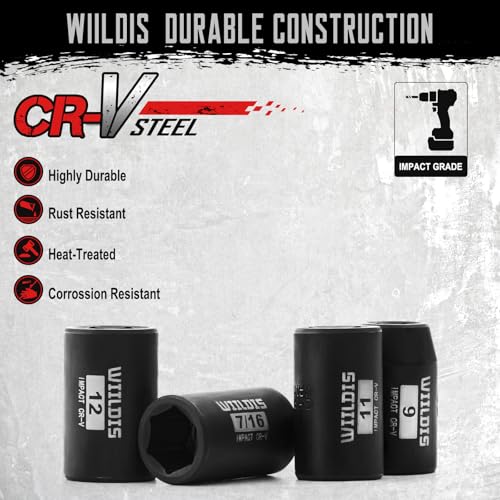 WIILDIS 26 PCS 3/8" Drive SAE and Metric Impact Socket Set, SAE 5/16” to 7/8", Metric 7mm to 22mm, Premium Cr-V Steel, 6-Point Hex Designt,Cr-V Steel - size: 26-Piece