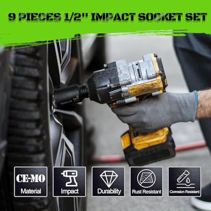 1/2" Drive Impact Socket Set, 9-Piece Metric Deep Axle Nut Sockets, 6-Point, Cr-Mo, 29mm, 30mm, 31mm, 32mm, 33mm, 34mm, 35mm, 36mm,38mm - size: 9 Piece 1/2" Metric Impact Socket Set
