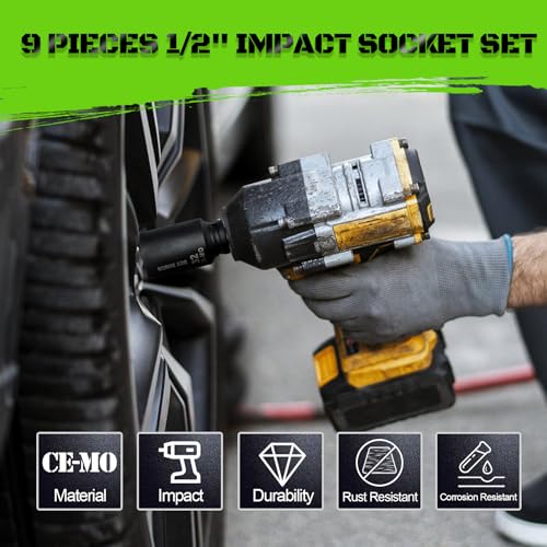 1/2" Drive Impact Socket Set, 9-Piece Metric Deep Axle Nut Sockets, 6-Point, Cr-Mo, 29mm, 30mm, 31mm, 32mm, 33mm, 34mm, 35mm, 36mm,38mm - color: Green 9pcs 1/2" Metric