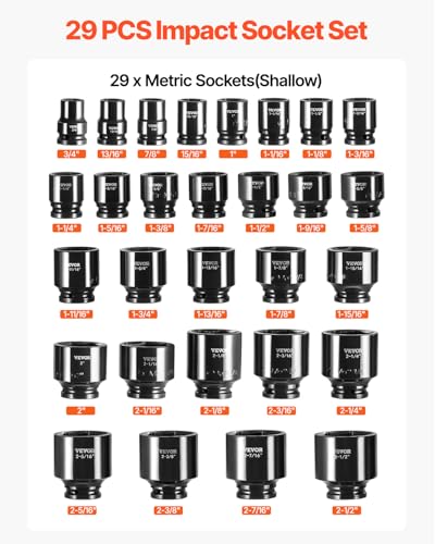 VEVOR 3/4 Inch Impact Socket Set, 29-Piece, SAE 3/4-2-1/2 Inch | 6-Point Sockets, CR-MO, Easy-to-Read Size Markings, Rugged Construction, with Storage Case, for Auto Repair - style: 3/4" 29PCS CR-MO
