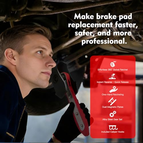 Brake Caliper Compression Tool, 360° Ratcheting Piston Compressor, 2 Steel Plates, 2 Hooks, for Single Twin Quad Pistons, Cars Trucks SUVs