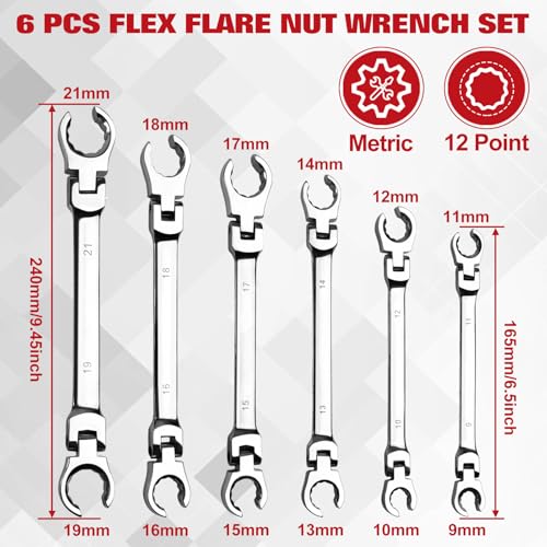 6-Piece Flex-Head Flare Nut Wrench Set Metric 9, 10, 11, 12, 13, 14, 15, 17, 18, 19, 21mm | 40 Cr Double Open End Brake Line Wrench for Automotive Brake, Fuel, AC Lines and Plumbing Repairs