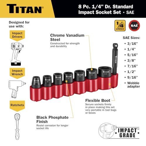 Titan 46001 8-Piece 1/4-Inch Drive SAE Shallow Impact Socket Set, 6-Point, SAE Sizes 3/16 to 9/16-Inch - size: 8-Piece SAE Shallow, style: 1/4-Inch Drive