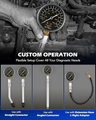 Orion Motor Tech Engine Compression Tester Kit, 11 pc Cylinder Compression Tester Kit with Spark Plug Tester, Engine Cylinder Pressure Gauge for Gas Petrol Engines | Durable Aluminum Casing; 5 Metric Adapters; Quick Push On Connectors; Gasoline Car Mainte
